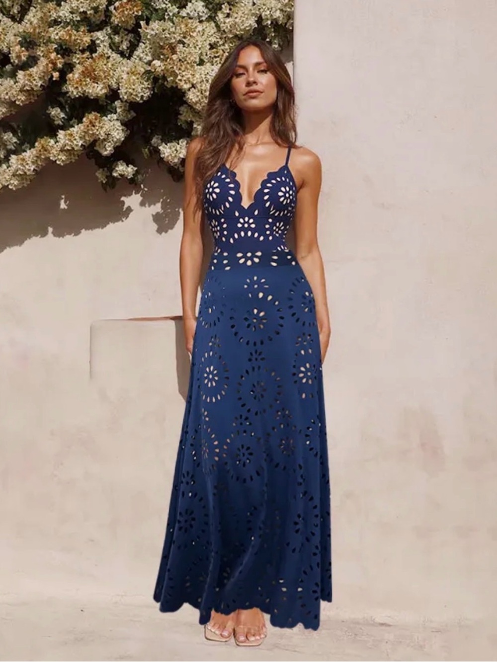 Navy Blue Laser-Cut Maxi Swim Dress with Spaghetti Straps - Picture 2 of 15